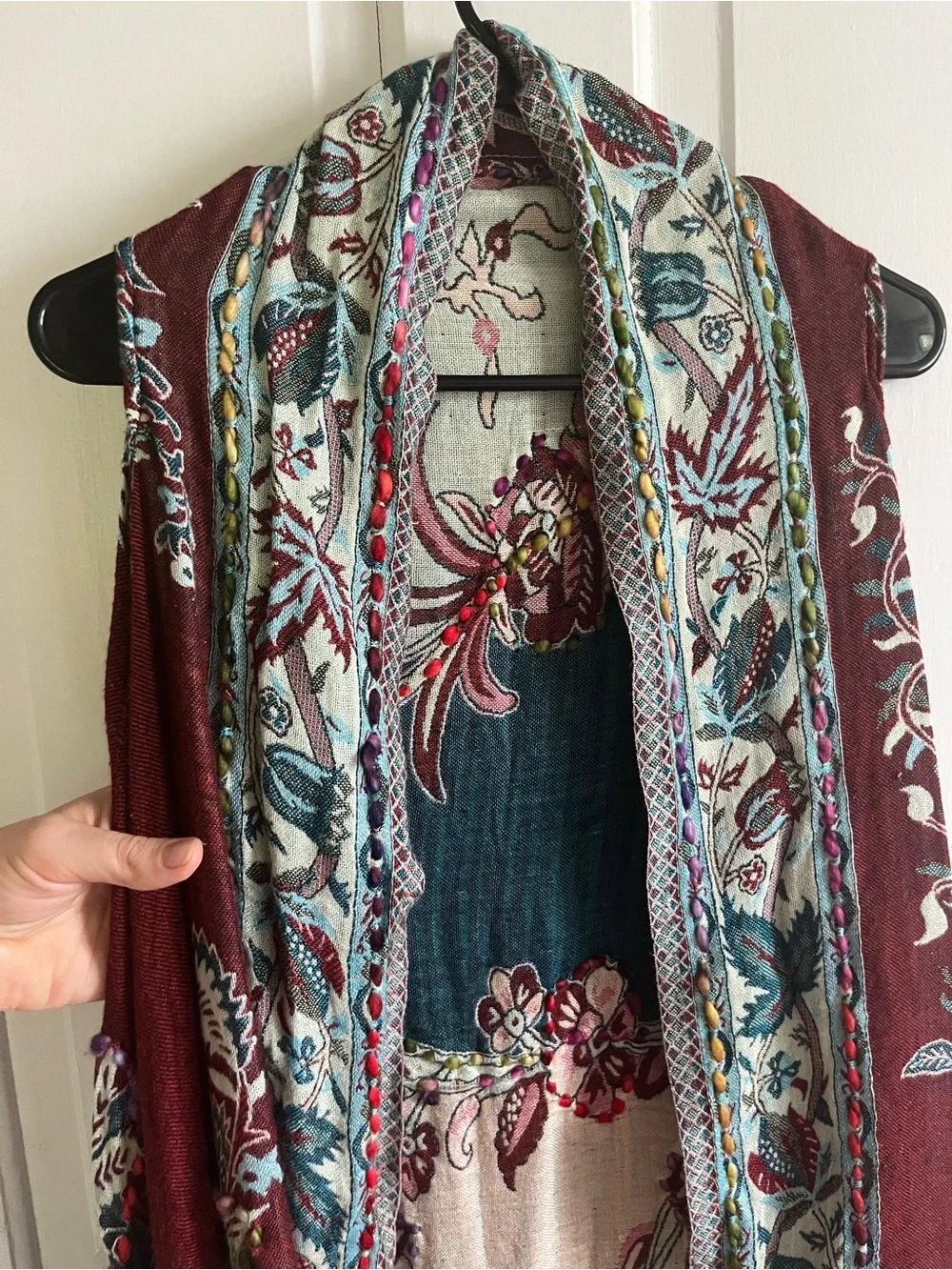 Raj Multicolor Floral Fringe Vest - Burgundy, Teal, Cream